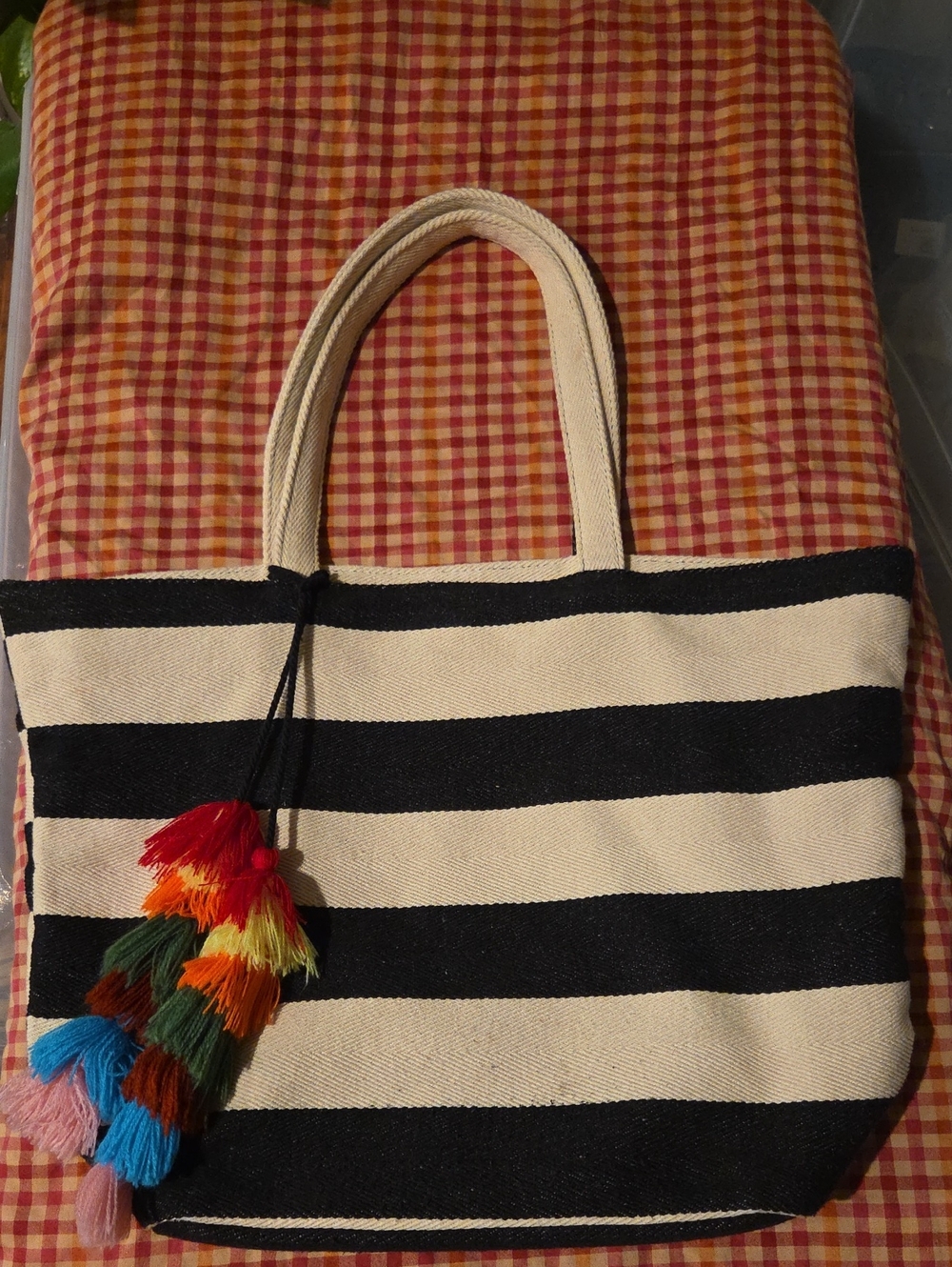 Forever 21 Black & Cream Striped Canvas Tote with Multicolor Tassel